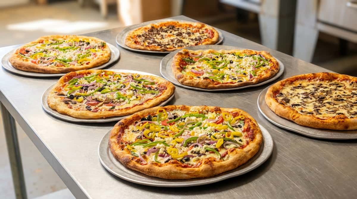 Six freshly baked pizzas on metal trays, topped with colorful vegetables, cheese, and various meats.