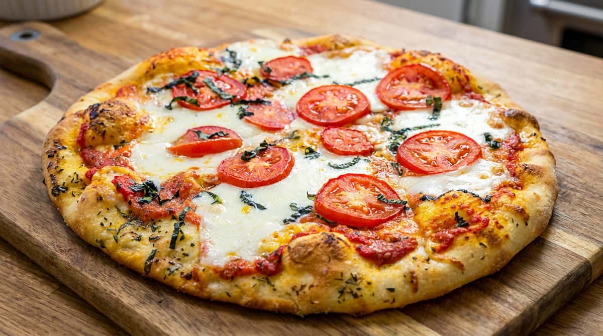 Margherita pizza with sliced tomatoes, melted mozzarella cheese, and fresh basil on a golden crust.