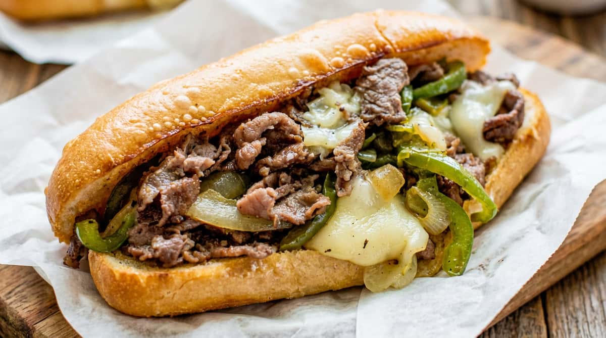 Cheesesteak sandwich with steak, melted cheese, and green peppers in a toasted bun.