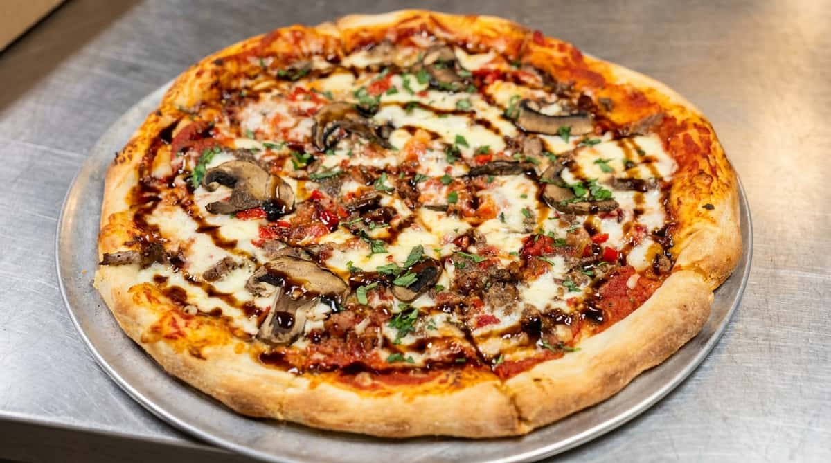 Pizza with mushrooms, sausage, red sauce, mozzarella, green herbs, and balsamic glaze on a metal tray.