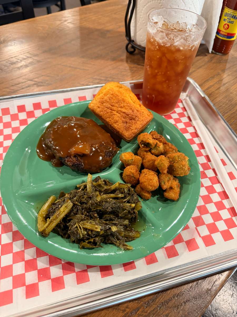 hamburger steak and two sides with cornbread