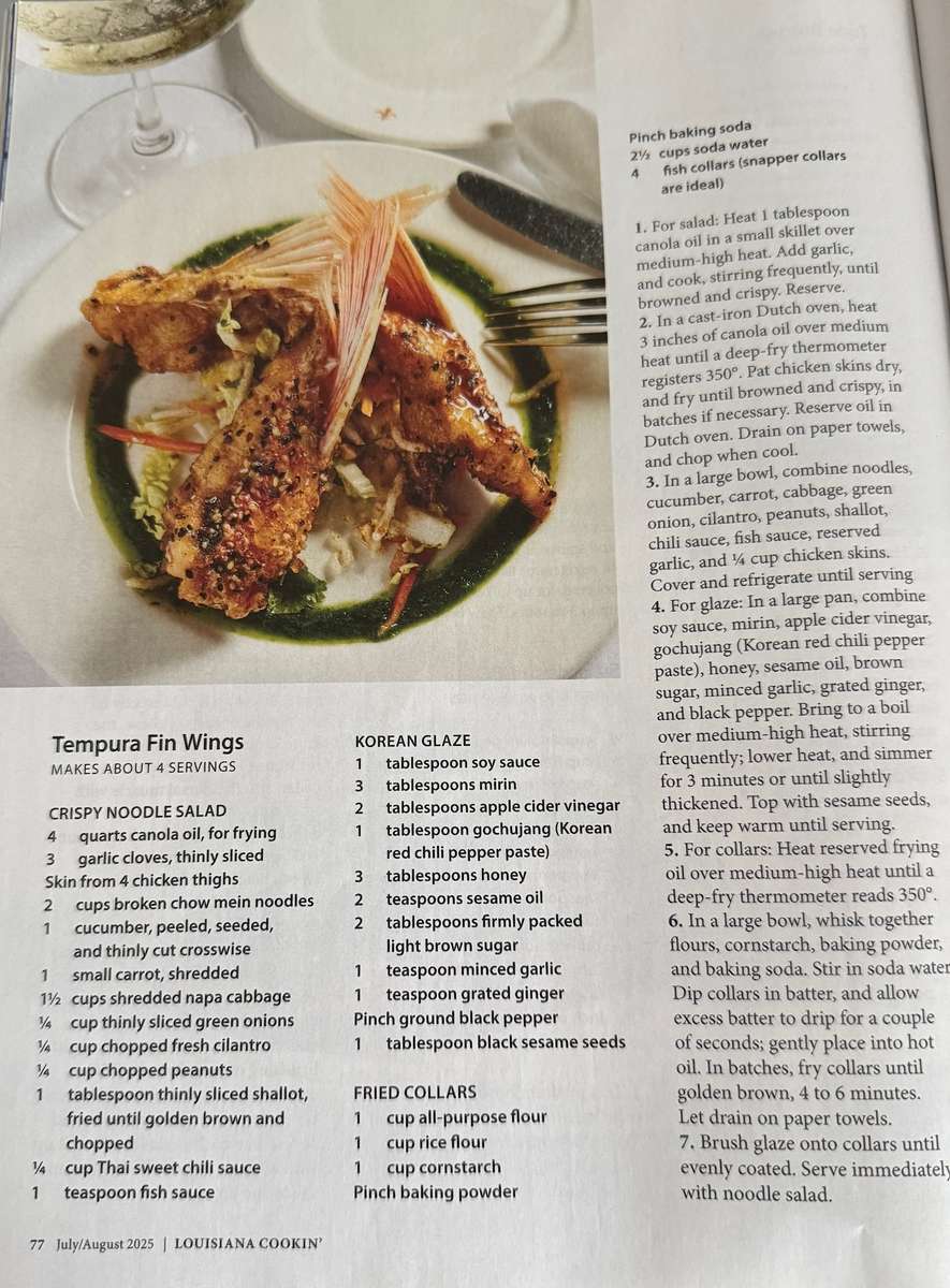 Page 5 of article featuring recipes for Tempura fin wings, korean glaze, and fried collars