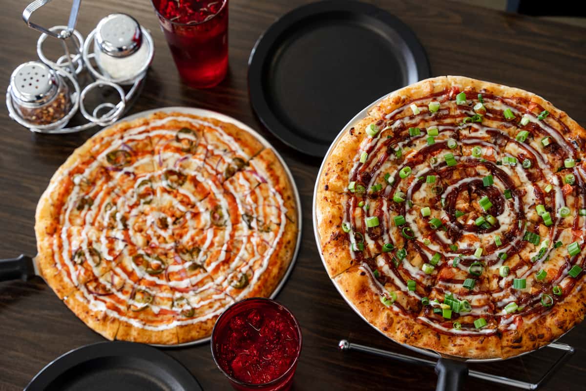 Little Diamond's Pizza The Ranch BBQ Pizza and Buffalo Chicken Ranch Pizza.
