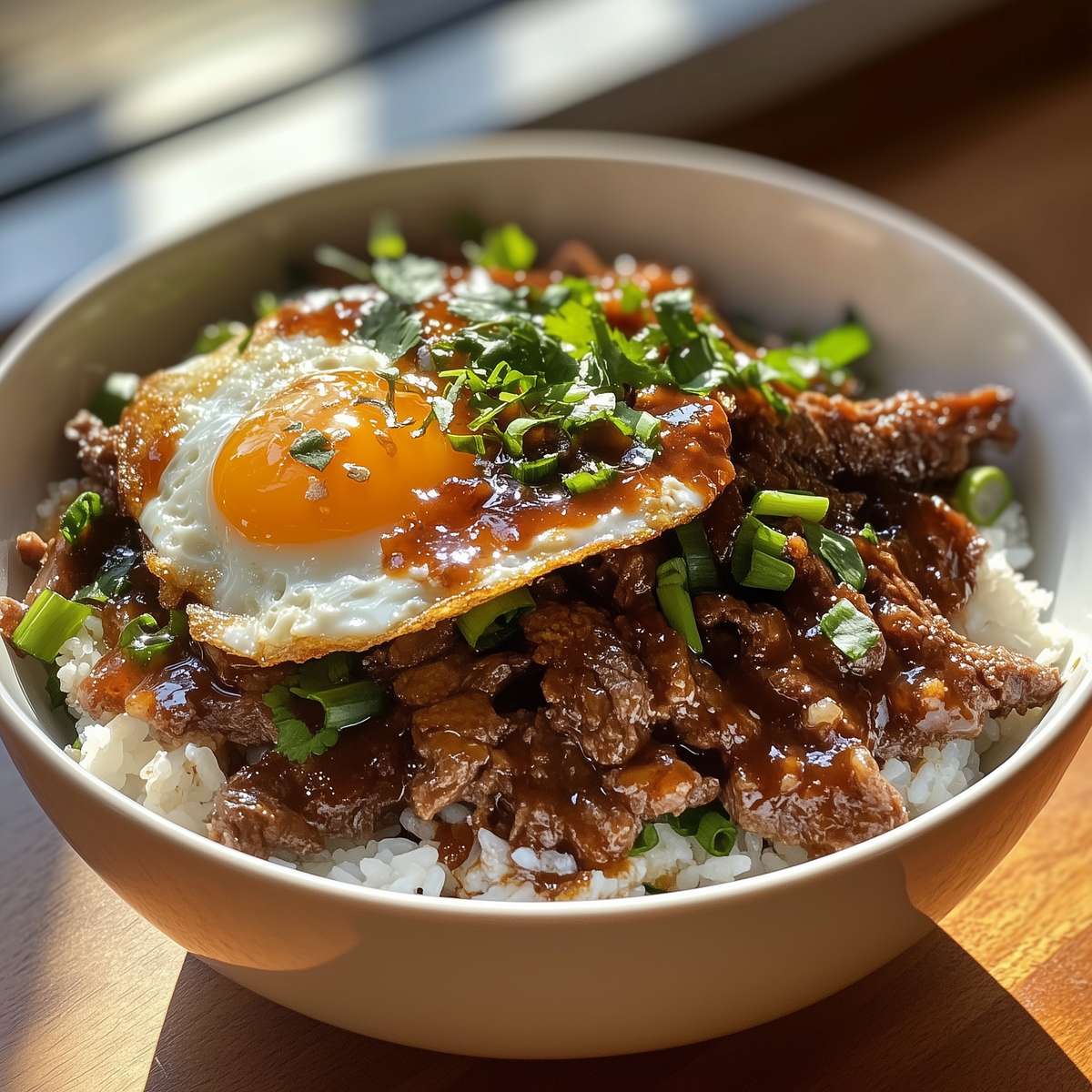Taiwanese Beef Rice bowl with fried egg