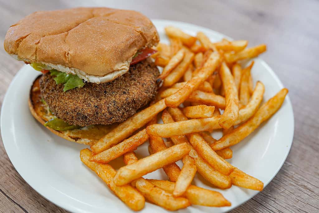 Crab Burger on Bun w/Fries & drink