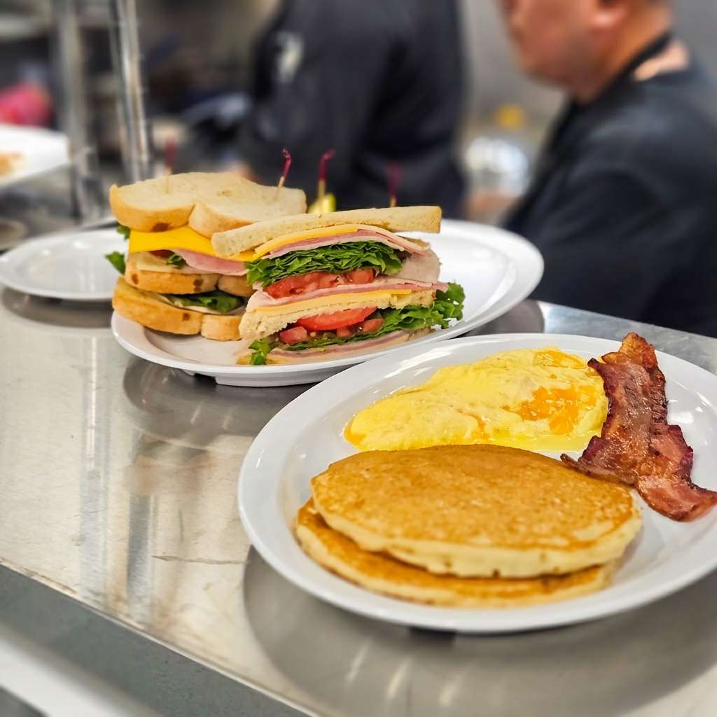 club sandwich, pancakes & eggs with bacon