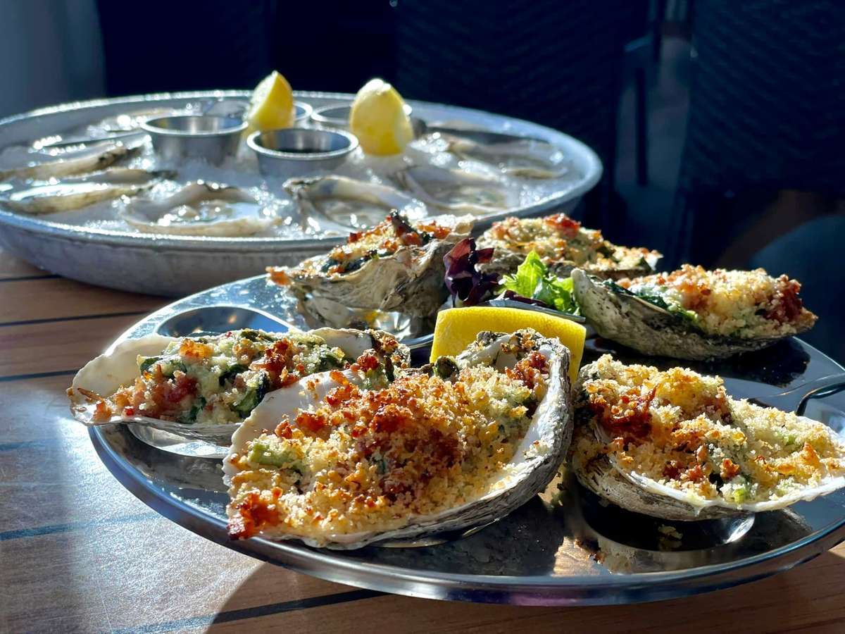 Half dozen Oysters Rockefeller with creamy spinach