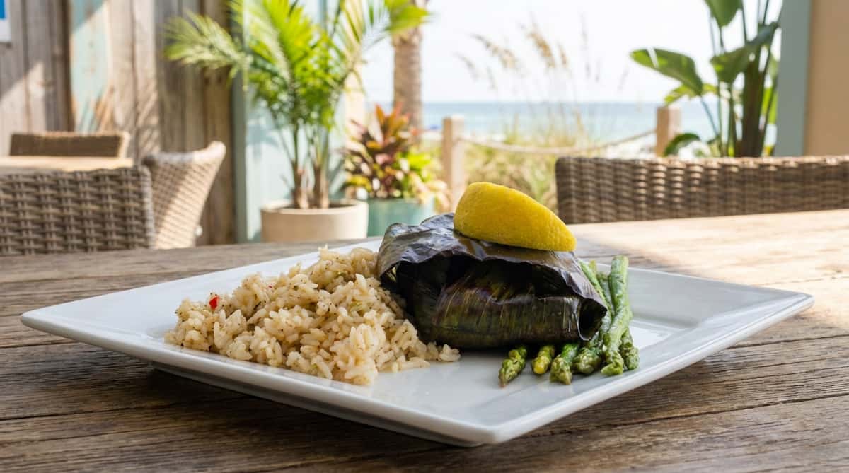 Fish steamed in banana leaves with lemon wedge, seasoned rice, and green asparagus on a white plate.