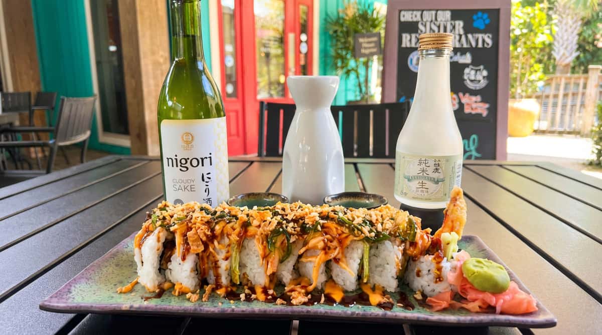 nigori sake sushi in a coastal setting