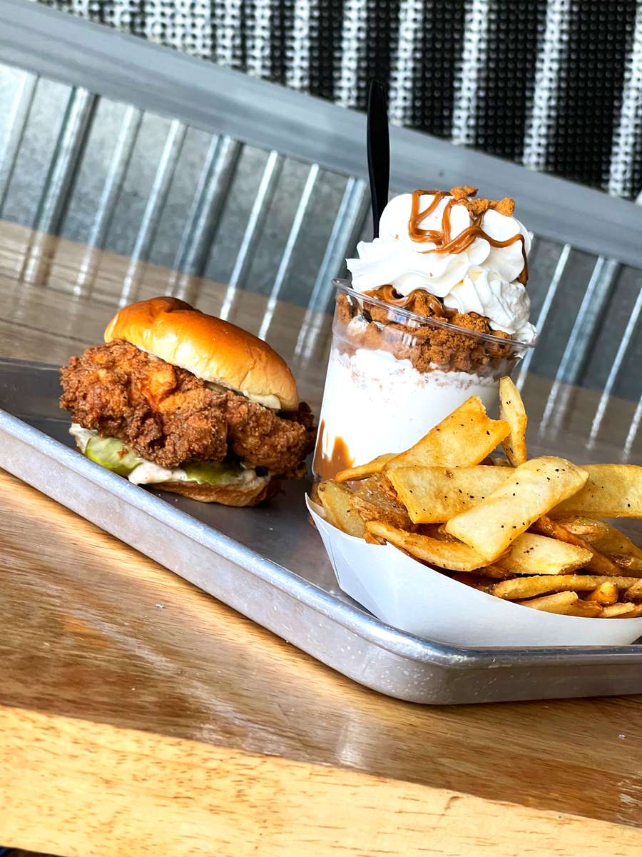Meal and dessert with a side of fries