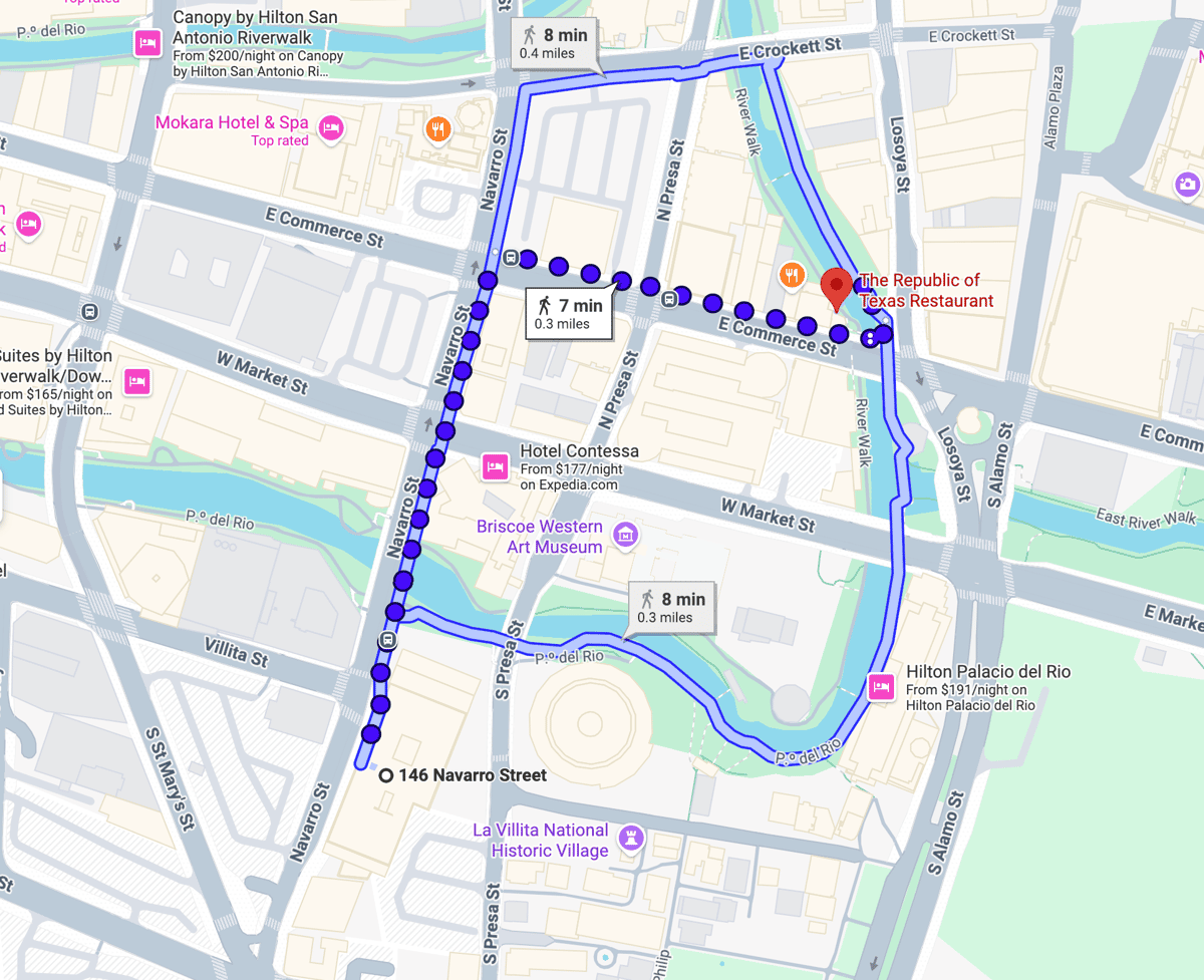 Walking map showing routes from 146 Navarro Street to The Republic of Texas Restaurant, ranging from 0.3 to 0.4 miles and 7 to 8 minutes.