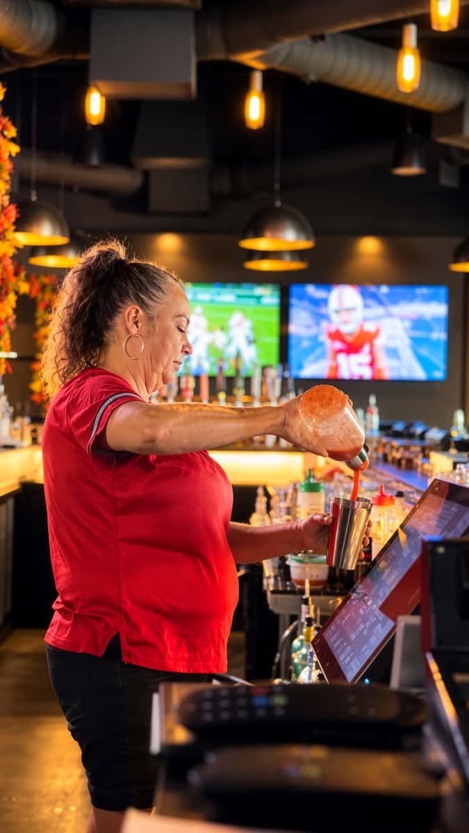 Bartender in a red shirt pouring a drink behind the bar, with TVs showing sports in the background