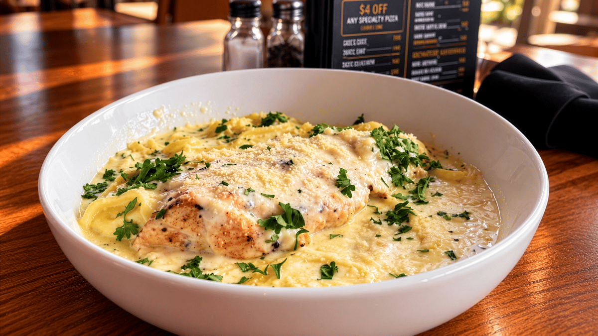 Chicken fettuccine Alfredo in a creamy parmesan sauce, topped with grated cheese and herbs, served in a white bowl