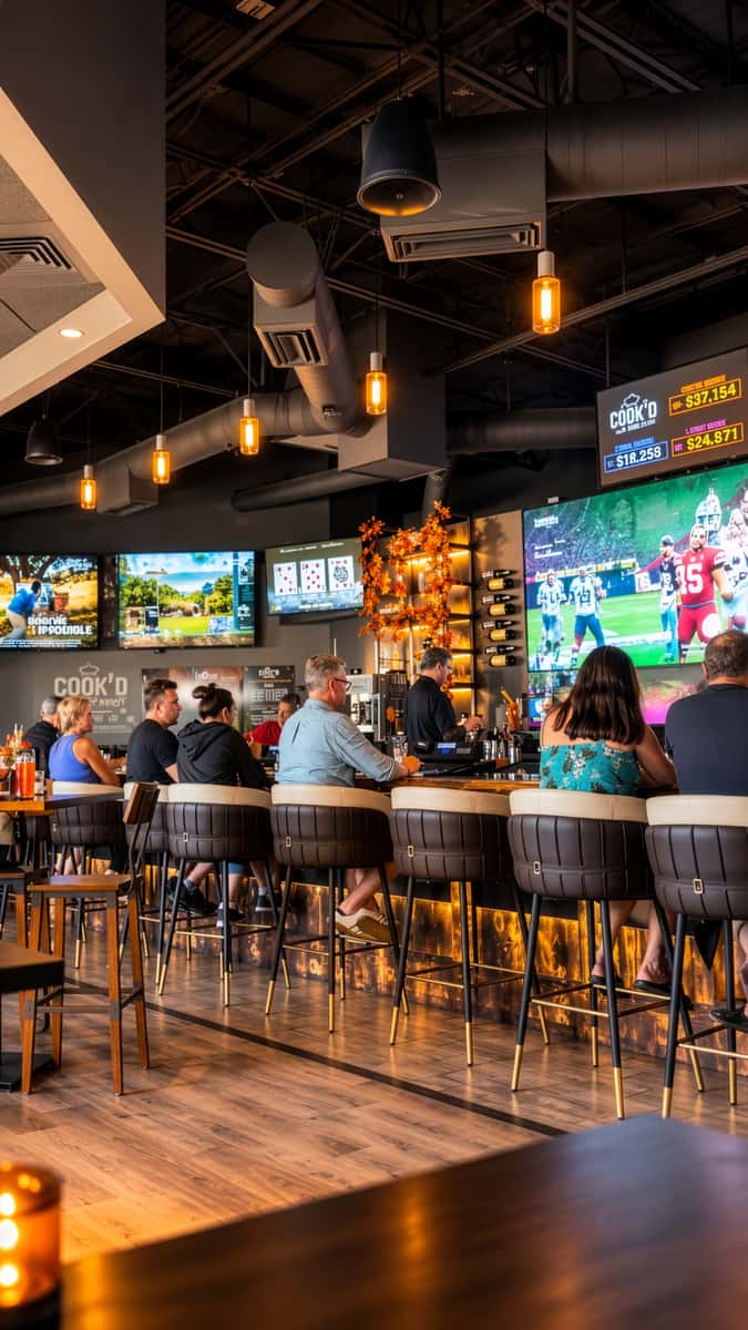 Guests seated at a busy bar with multiple large-screen TVs showing sports above a well-stocked back bar