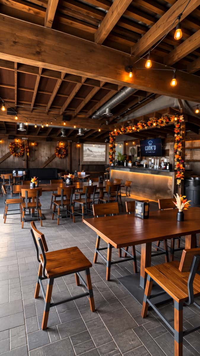 Rustic banquet room with wooden tables and chairs, exposed ceiling beams, and warm string lights, ready for private events