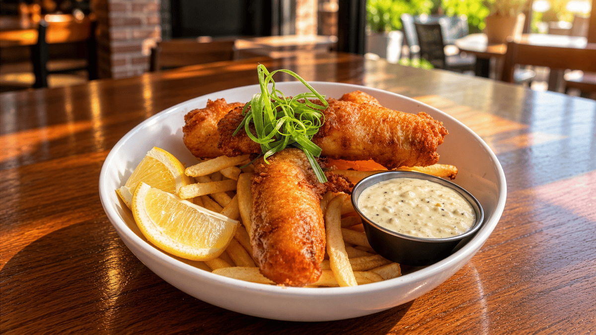 Golden beer-battered fish and chips with a lemon wedge, fresh herbs, and a side of tartar sauce