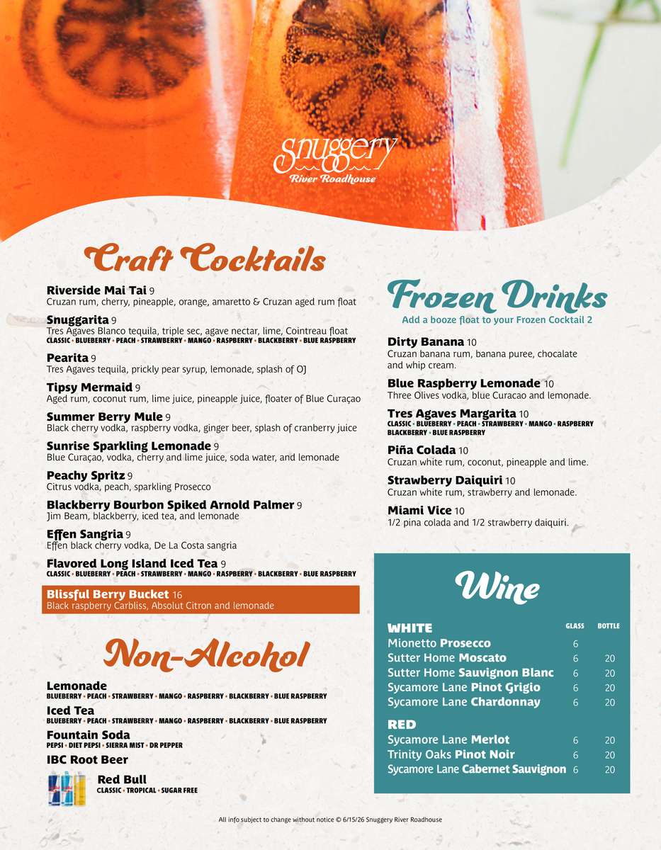 Snuggery Drink Menu