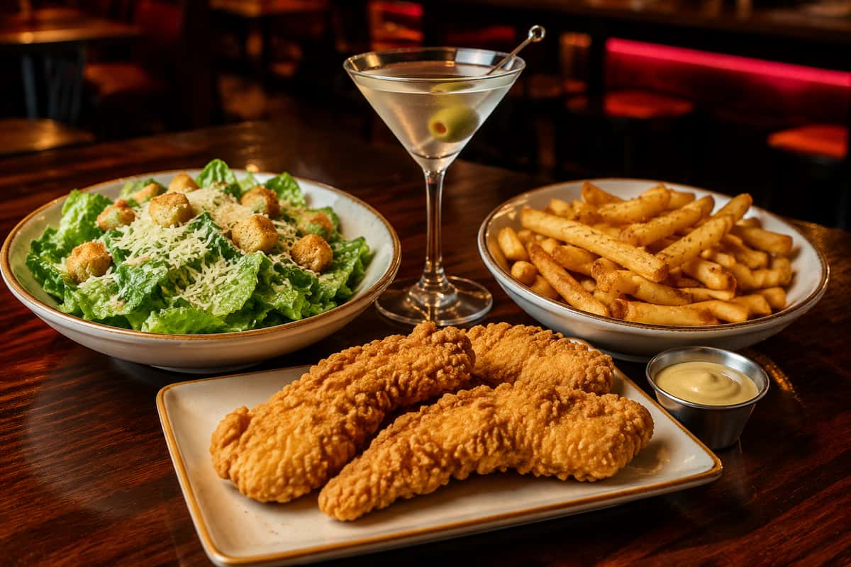 Crispy chicken tenders with seasoned fries, Caesar salad, dipping sauce, and an olive martini in a warm restaurant setting