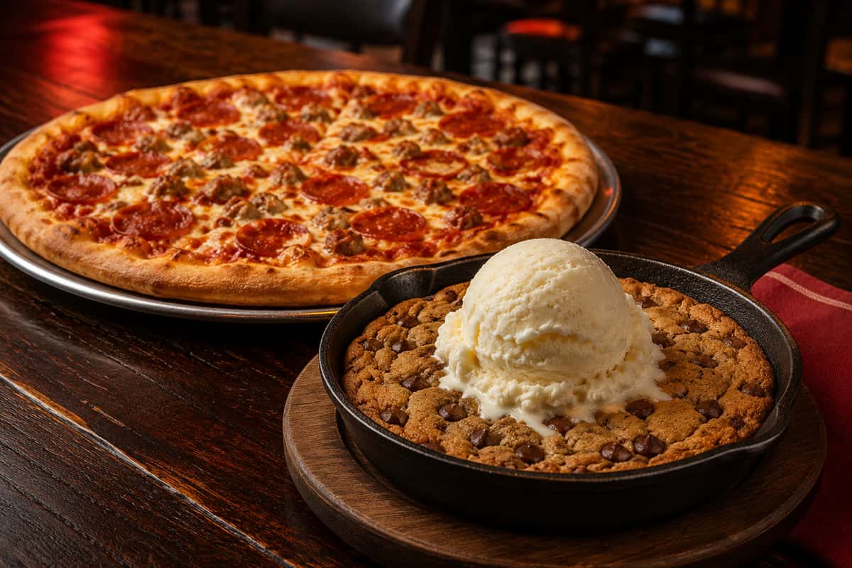 Pepperoni and sausage pizza with a warm skillet chocolate chip cookie topped with vanilla ice cream