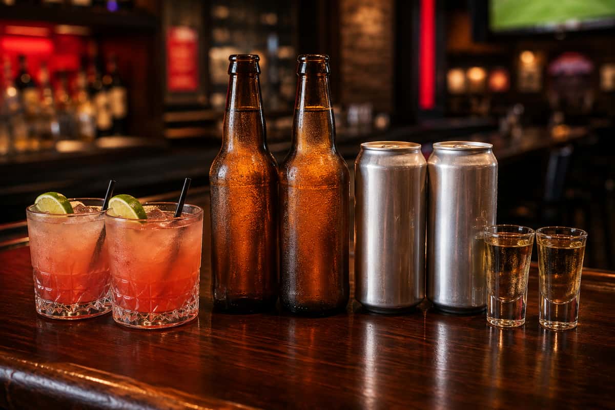 Cocktails with lime, chilled beer bottles and cans, and liquor shots lined up on a sports bar counter