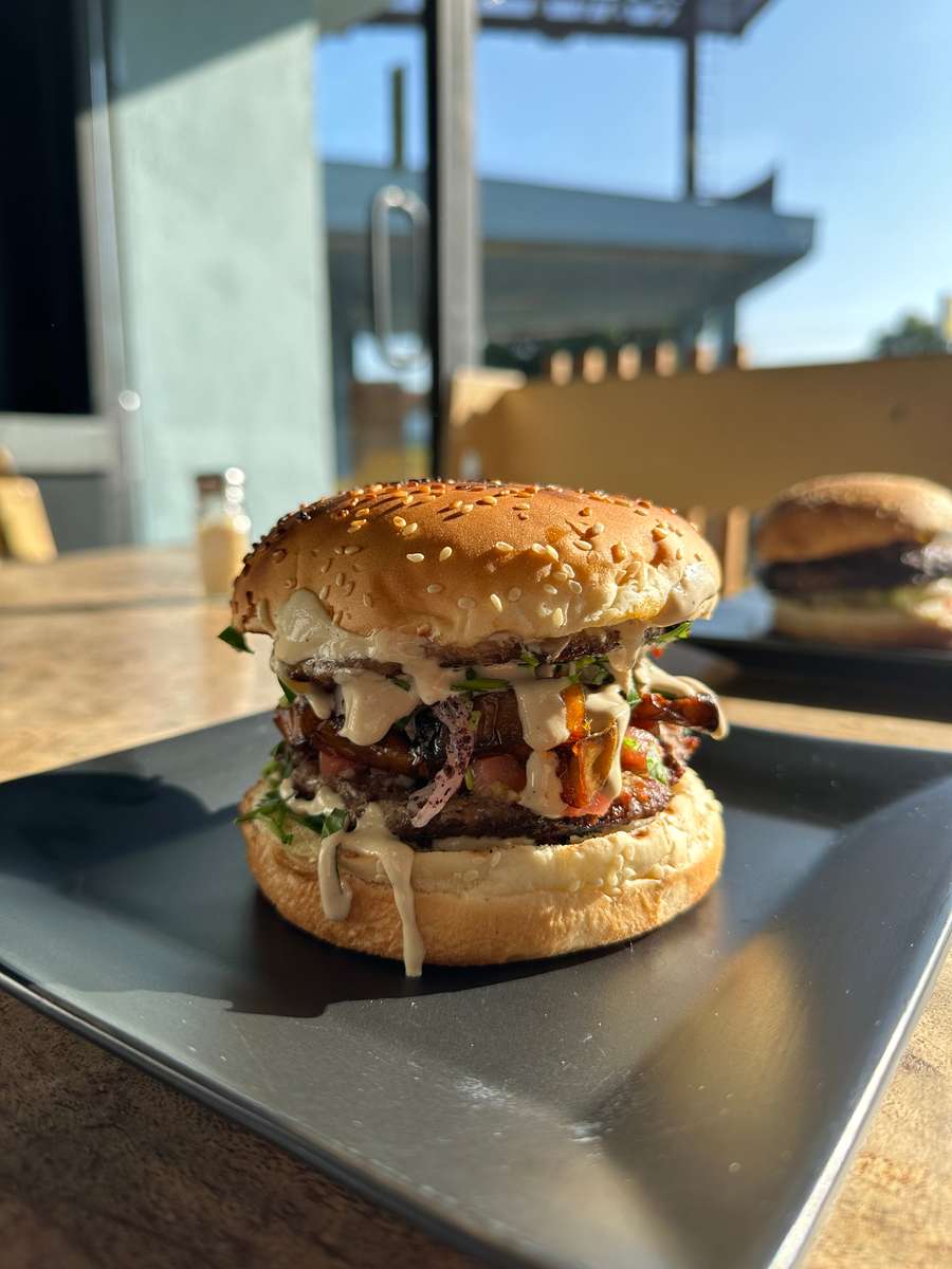 Burger sitting on a table