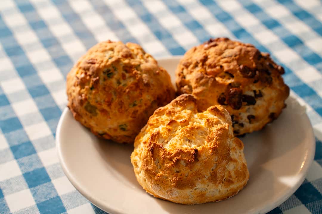 Our original, cheddar scallion, and butterscotch pecan biscuits