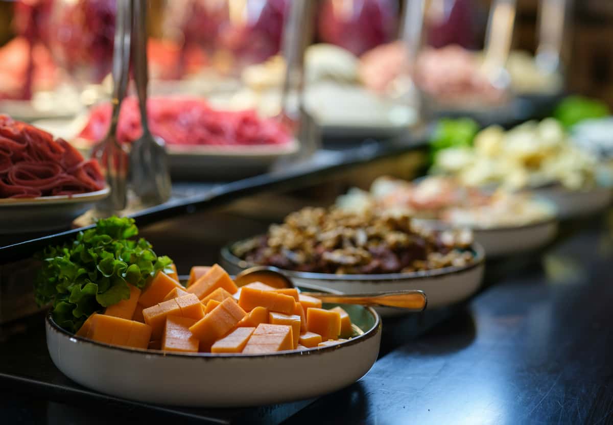 Close-up of cubed cheddar cheese with lettuce in a bowl at a deli-style buffet.