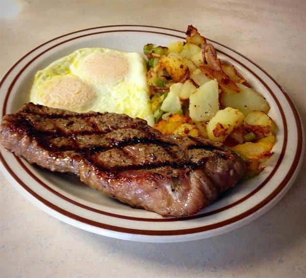 steak, eggs and roasted potatoes