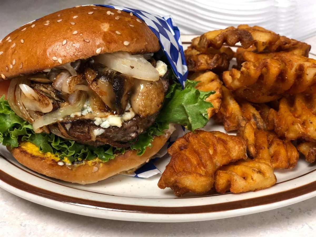 mushroom blue cheese burger and fries