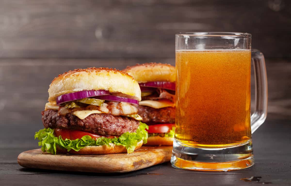 Homemade tasty beef burgers and beer