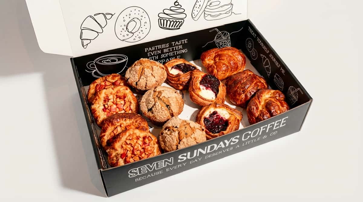 Open pastry box labeled "Seven Sundays Coffee," filled with assorted baked goods including croissants, Danish pastries with fruit filling, cookies, and other sweet pastries.