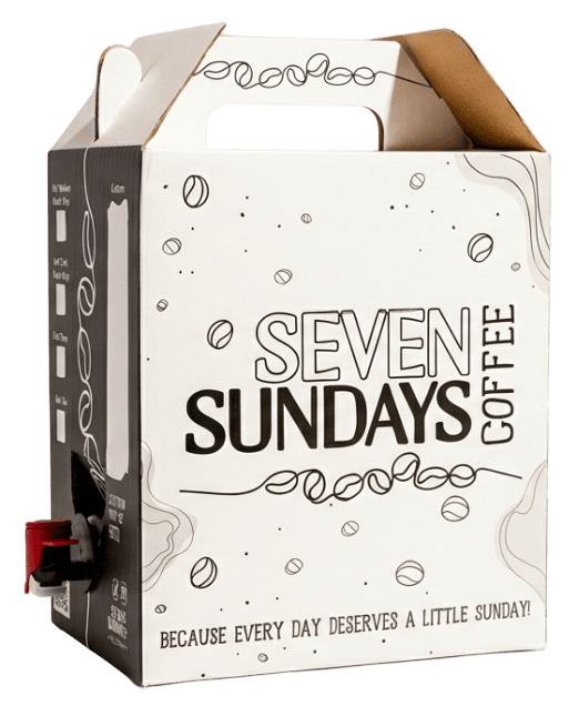 White "Seven Sundays Coffee" beverage box with a built-in spout.