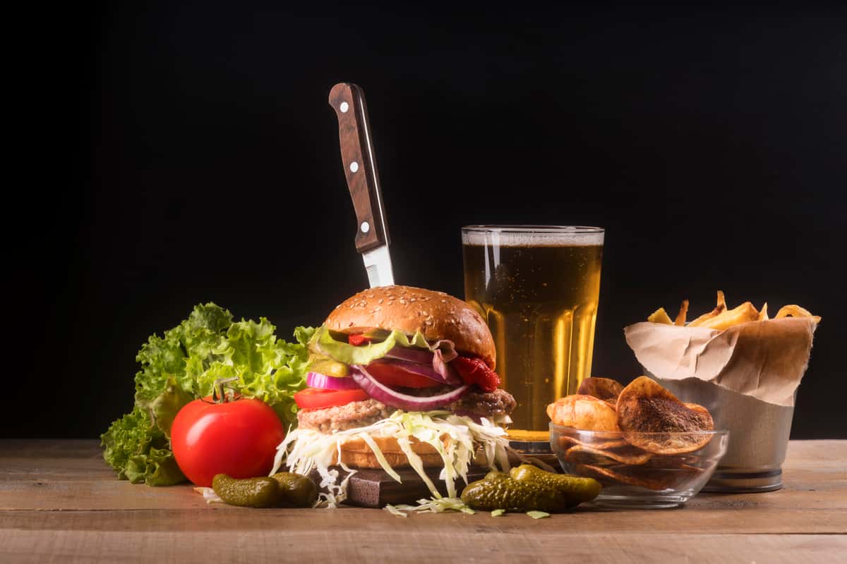 burger, beer and salad