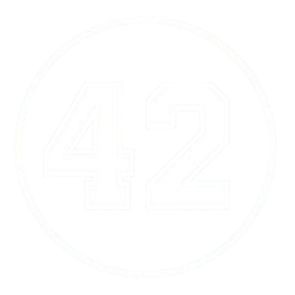 White number 42 centered inside a rough, circular outline on a black background.