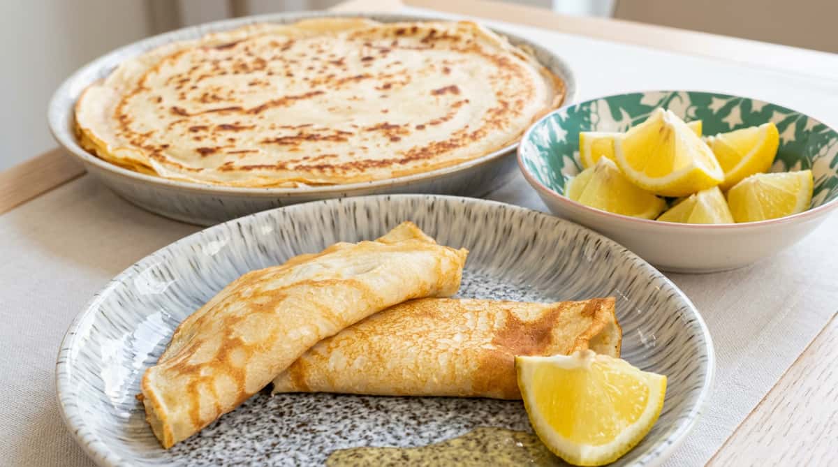 Crepes with browned edges, a lemon wedge, and a bowl of lemon slices.