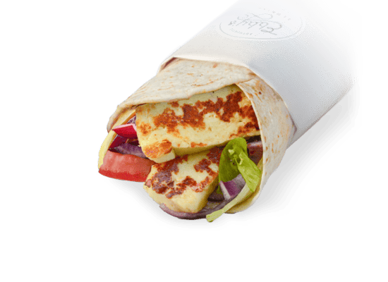 Grilled halloumi cheese wrap with fresh vegetables, wrapped in warm flatbread at Ebby's Turkish Kitchen.