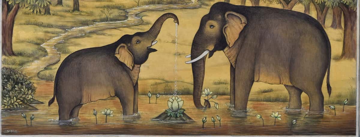 Old Indian painting of elephants in water