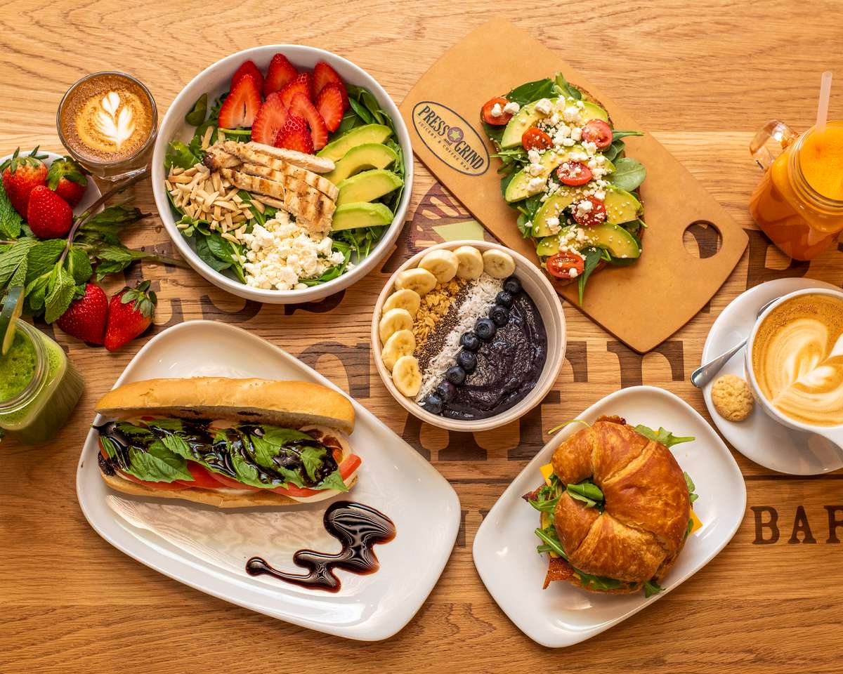 Arrangement of foods on a wood table