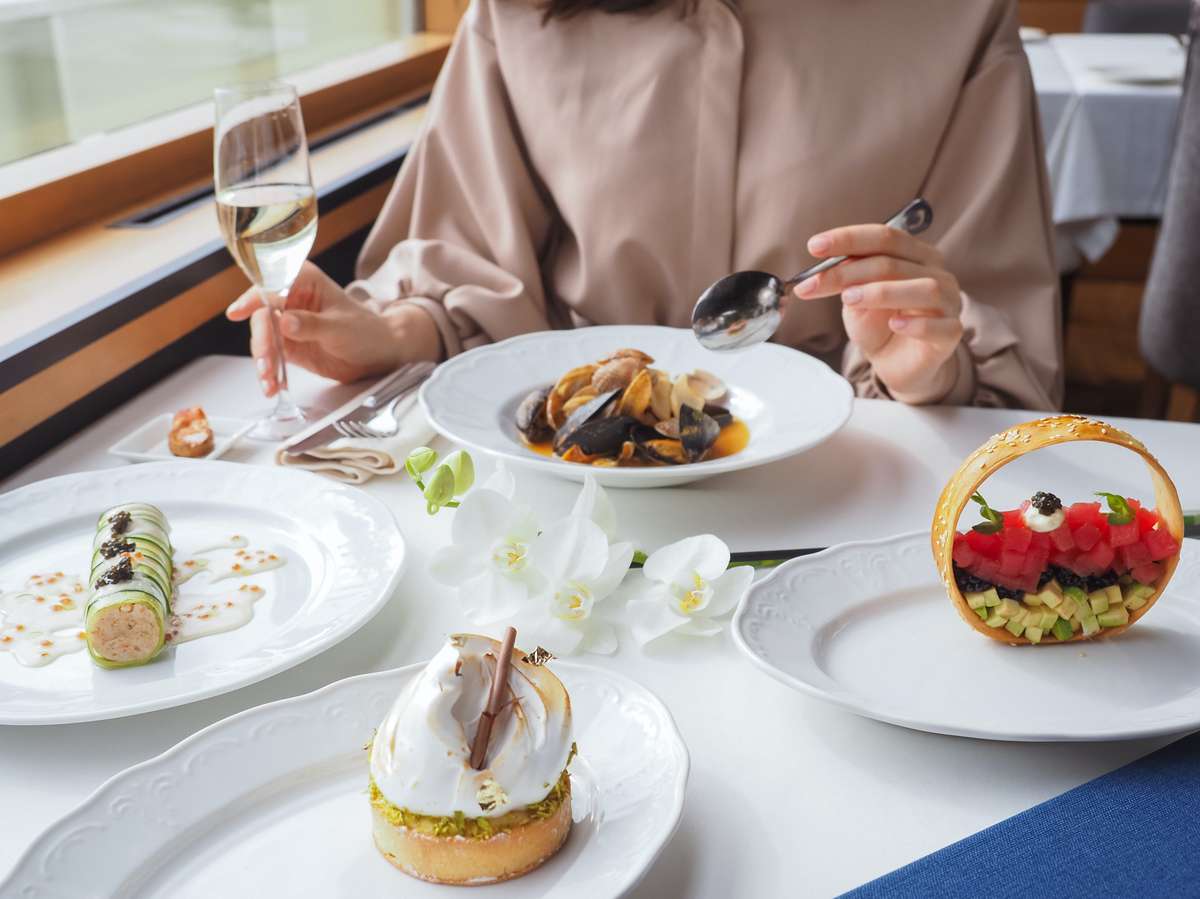 fancy dish and desserts with wine