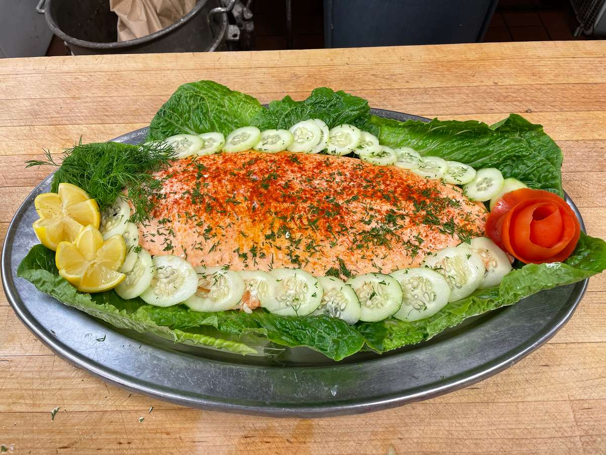 salmon with sliced cucumbers