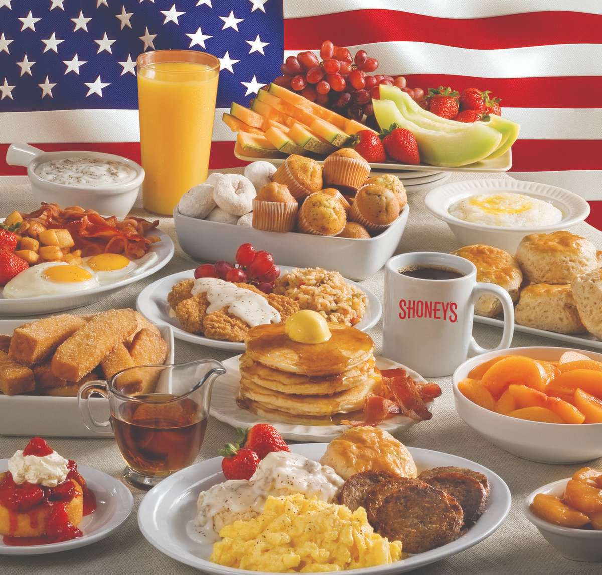 large spread of menu items with American flag backdrop