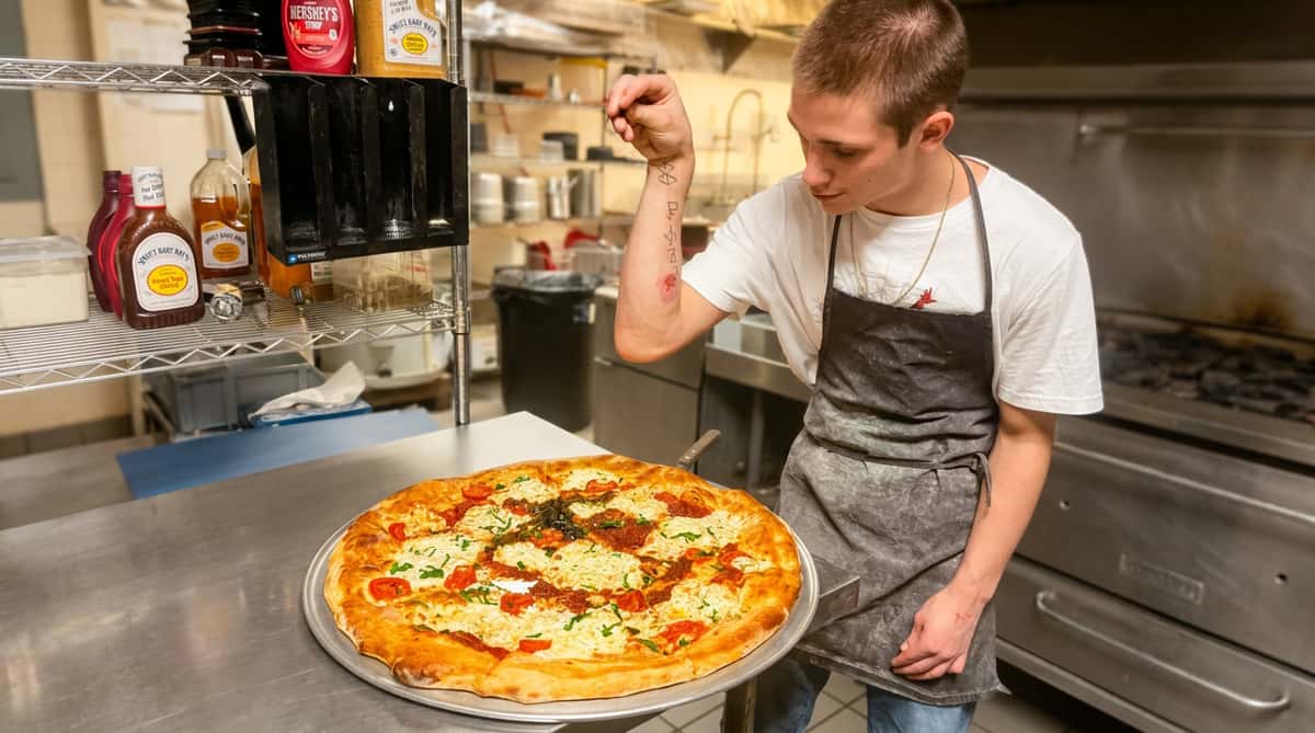 Chef in an apron sprinkles seasoning onto a large margherita pizza with sliced tomatoes and basil.
