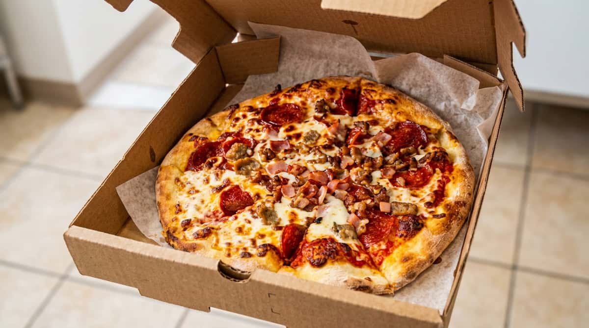 Meat-lovers pizza with pepperoni, sausage, ham, and melted cheese in an open cardboard box.