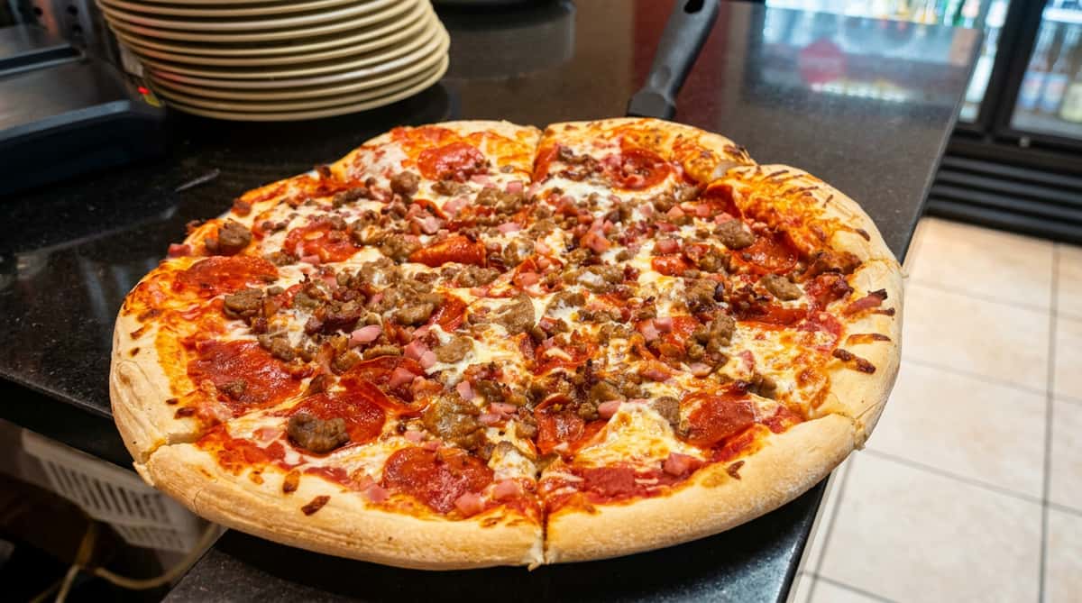 Meat lover's pizza with pepperoni, ham, and sausage, on a dark countertop with a stack of plates.
