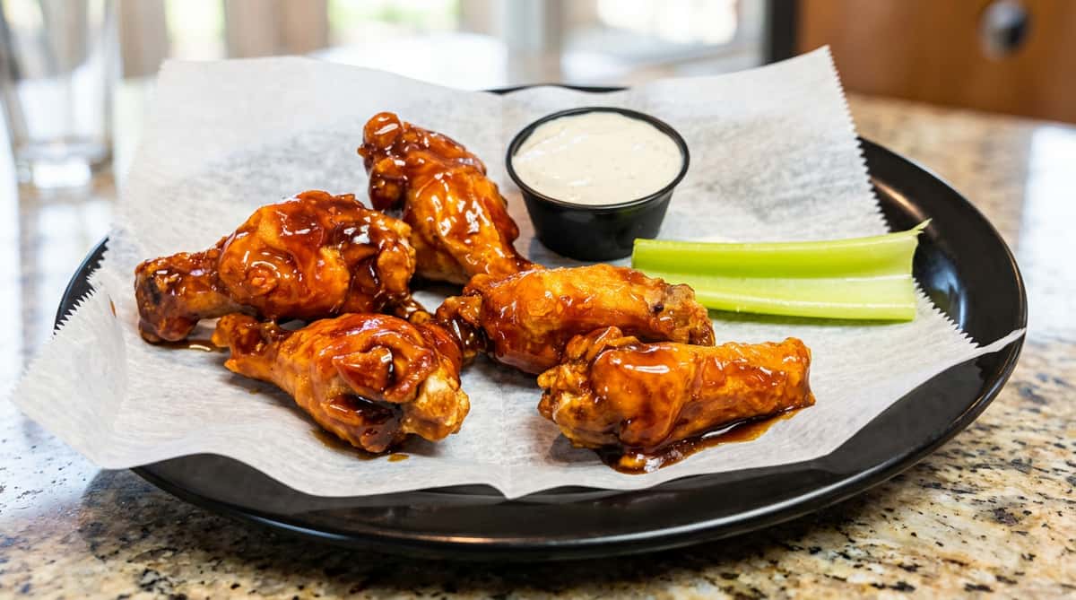 Chicken wings with shiny dark sauce, a side of ranch, and celery sticks on a black plate with white paper.