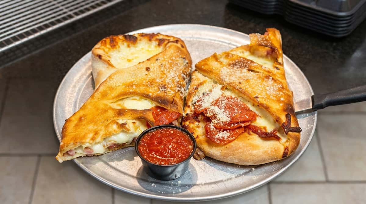 Two calzones, one with pepperoni and the other with ham and salami, served with a side of marinara sauce on a metal pizza pan.