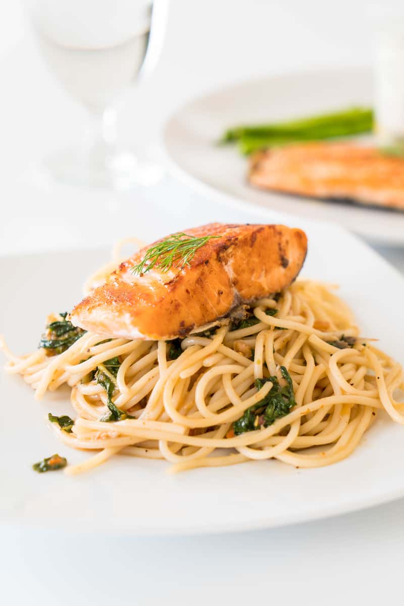 Stir-fried spicy spaghetti with salmon