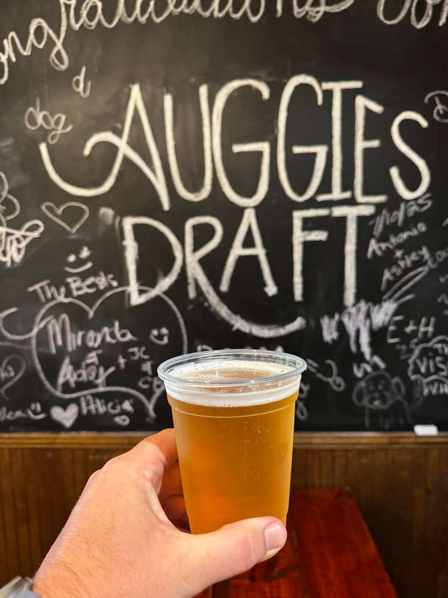 Hand holding a plastic cup of draft beer in front of a chalkboard wall with "Auggie's Draft" and doodles.