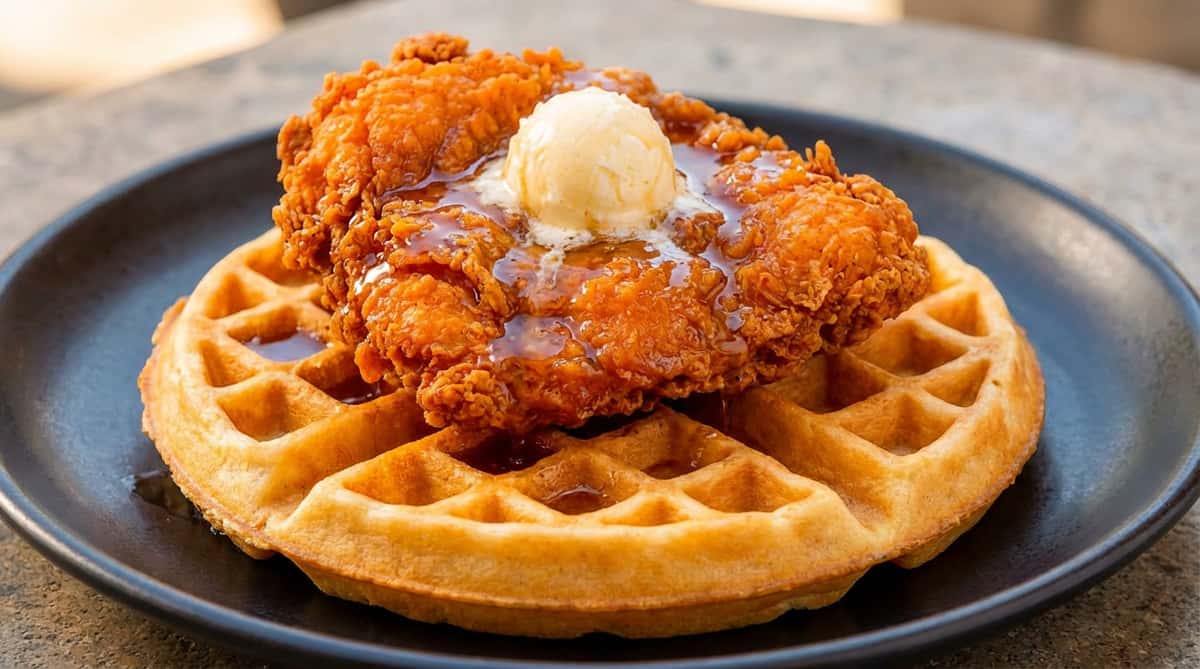 Chicken and waffles with fried chicken coated in syrup on a waffle with a scoop of vanilla ice cream