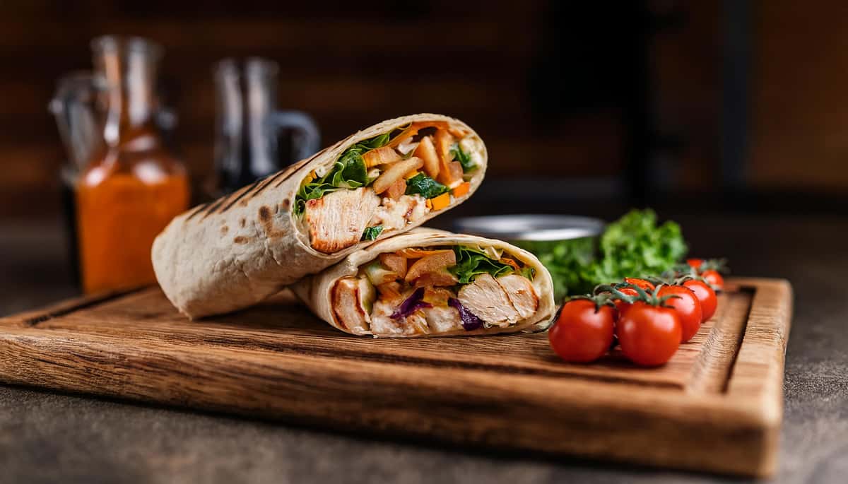 Grilled chicken wrap with veggies and sauce